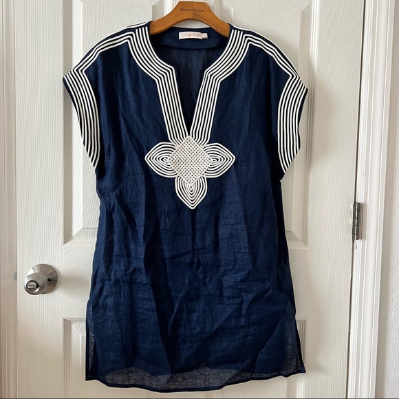 SOLD! Tory Burch Linen Embroidered Beach Tunic In Navy Blue - Picture 3 of 7
